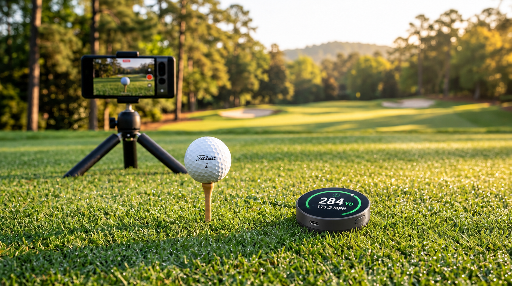 A phone on a tripod, a teed golf ball, and the compact dark brushed-aluminum TeeDial resting on the grass at a sunlit practice range
